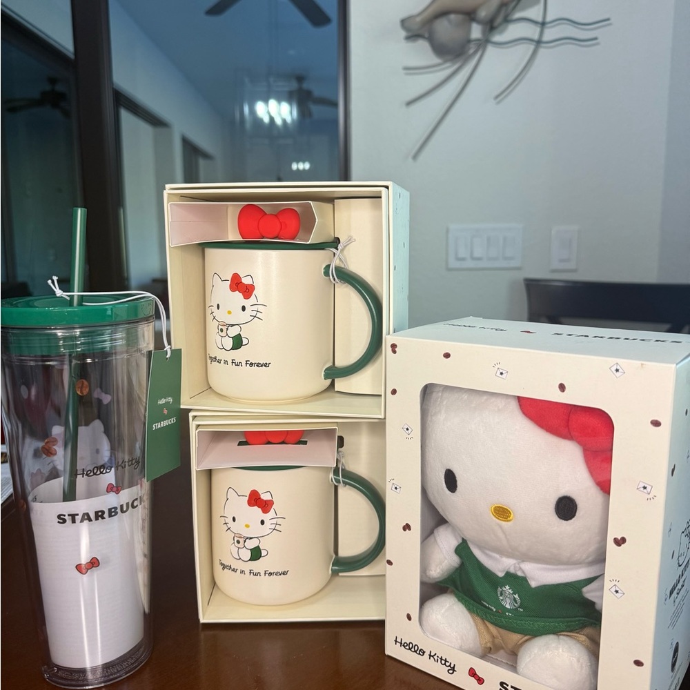 Starbucks Hello Kitty Mug and Plush Set with Green Tumbler